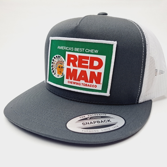 Red Man Woven Patch Flat Bill Trucker Mesh Snapback Cap Gray White - Picture 2 of 4